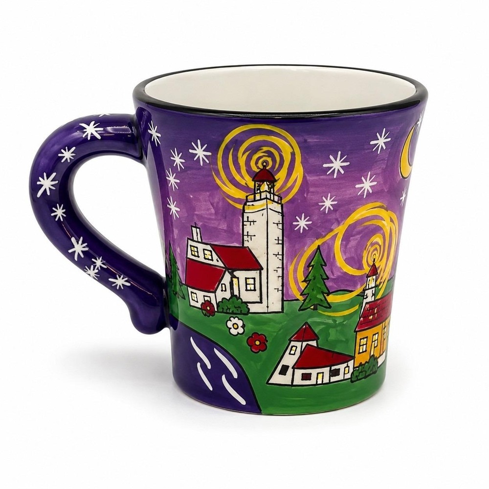 Hand Painted Door County Wisconsin Lighthouse Folk Art Coffee Mug Purple Scenic